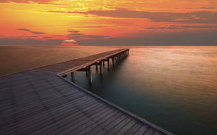 rectangular brown wooden coffee table, pier, sea, sunset, sky HD wallpaper