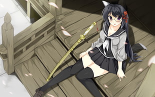 black haired woman in gray and white school uniform beside katana