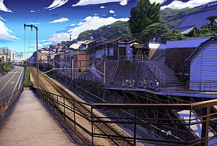 brown steel handrails, anime, landscape, railway, city