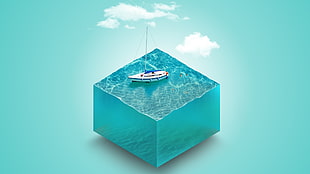 white fishing vessel, digital art, water, boat, simple background