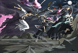 swordsman illustration, Sousuke Aizen, Shunsui Kyōraku, fighting, Jushirou Ukitake