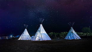 three white teepee tents, night HD wallpaper