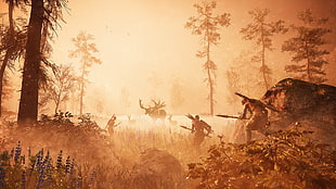 people hunting deer in the middle of the forest painting, video games, artwork, far cry primal