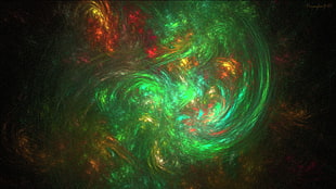 green, red, and gold abstract painting, abstract