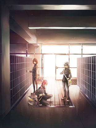 three female anime character in black uniforms digital wallpaper