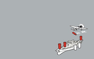 white and red ship and airplane illustration, battleships, minimalism