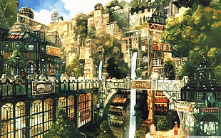 house and bridge painting, fantasy art, city, mountains