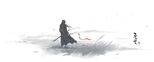 warrior wearing black garment with sheathed black sword on grassfield