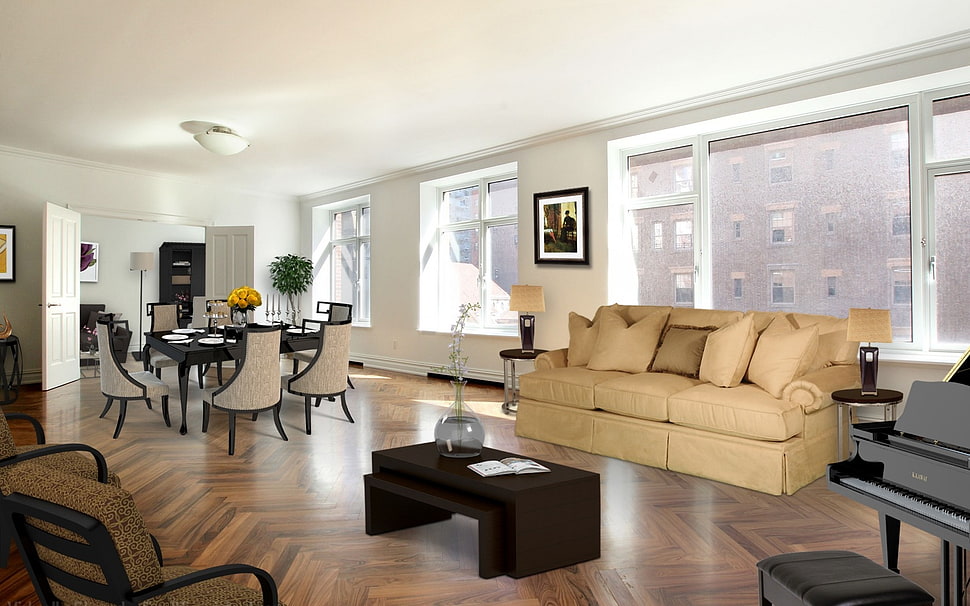 brown leather sofa on floor near window HD wallpaper