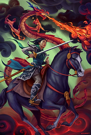Disney Mulan illustration, Mulan, dragon, sword, horse
