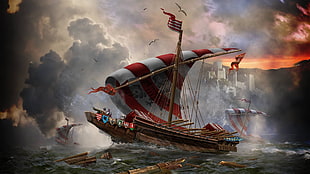 red and brown sailing ship digital wallpaper, Hungarian, Galley, Kárpátia, battle HD wallpaper