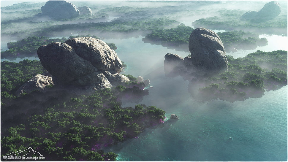 islands at daytime, forest, mountains, rocks, 3D HD wallpaper