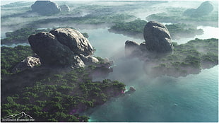 islands at daytime, forest, mountains, rocks, 3D