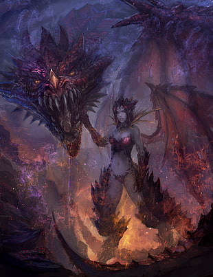 female warrior and dragon wallpaper, fantasy art HD wallpaper