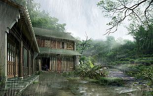 brown and gray wooden house, landscape, house, rain