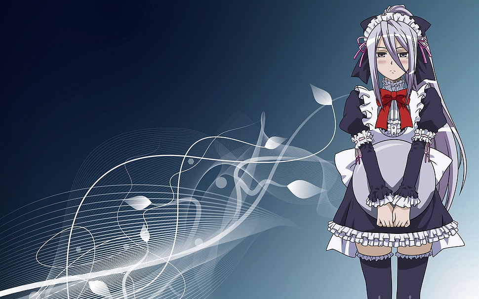 white haired female anime character wearing nanny costume digital wallpaper HD wallpaper