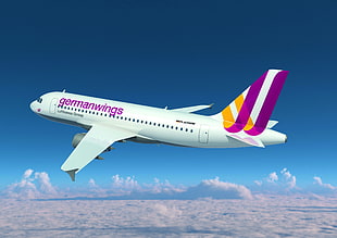 white and purple Germanwings airliner flying HD wallpaper