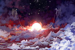 two gargoyles holding rope at the sky illustration, stars, Sun, artwork, fantasy art
