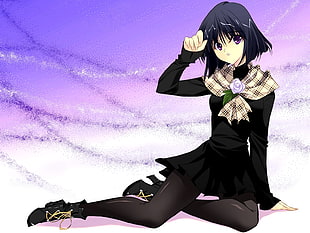 black haired girl in black long-sleeved dress anime character