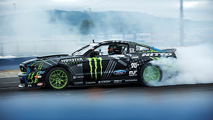 black racing coupe, Ford Mustang, car, vehicle, Monster Energy