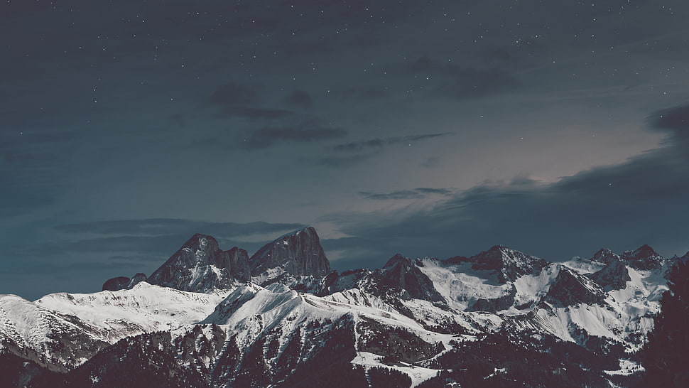 black and white snow mountain under dark sky HD wallpaper