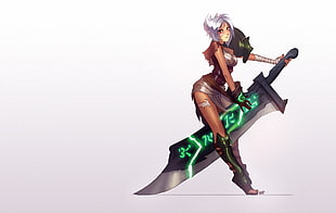 female anime character with short silver hair holding large sword
