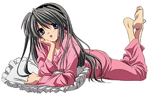 black haired female anime character wearing pink pajama illustration