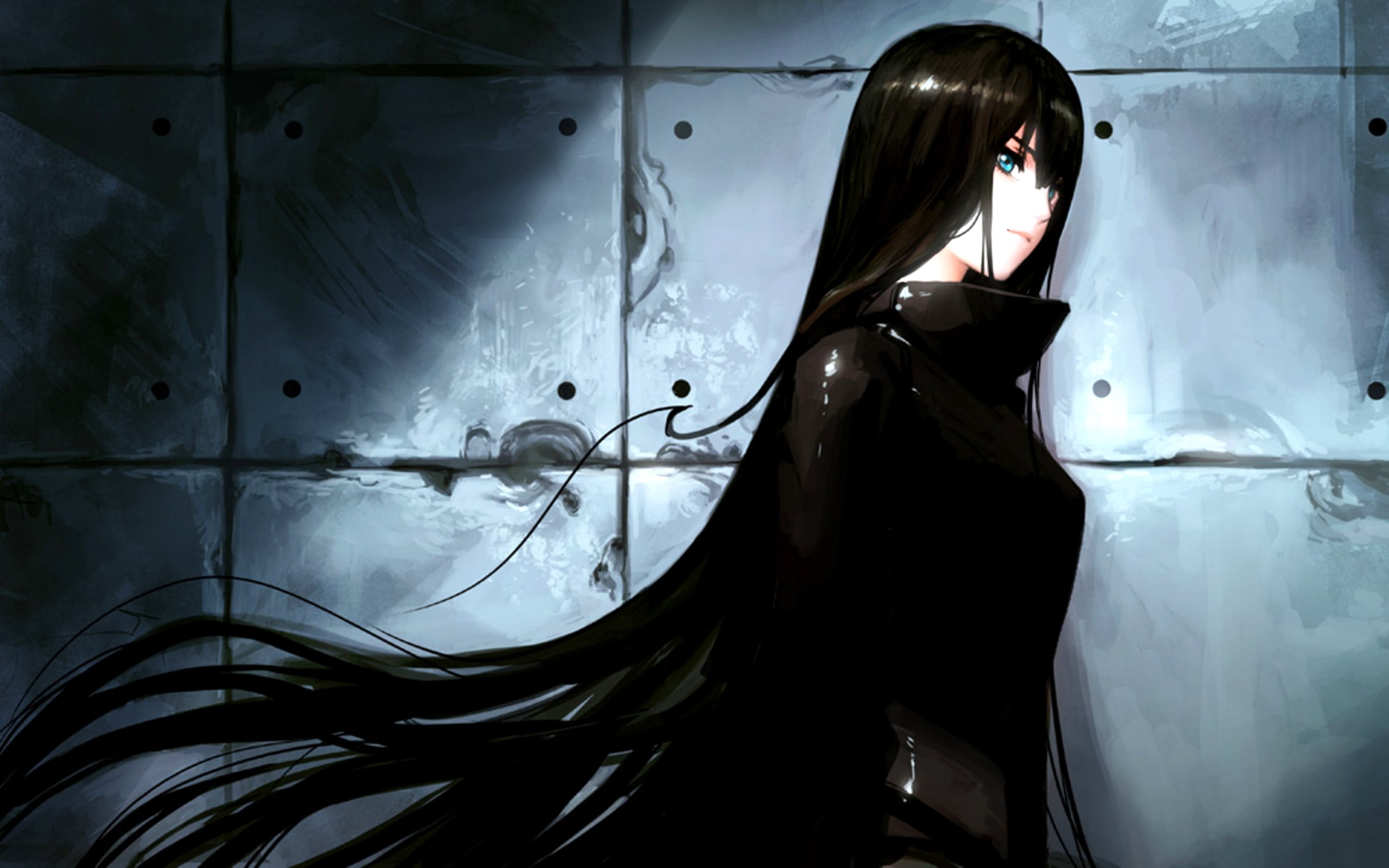 black haired female anime character wallpaper, original characters, black, dark