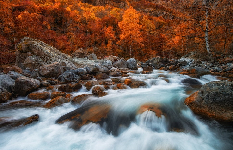 raging water and stones, nature, photography, landscape, fall HD wallpaper