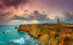 gray lighthouse, lighthouse, cliff, sea, rock HD wallpaper