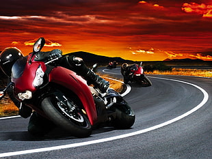red and black sports bike, motorcycle, vehicle, sky, road