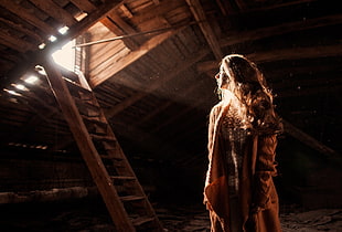 woman in brown dress standing inside dark room