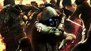 Assassin's Creed cover, digital art, zombies, gas masks, Umbrella Corporation