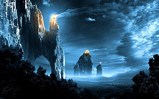 gray mountains, night, fantasy art, digital art, landscape