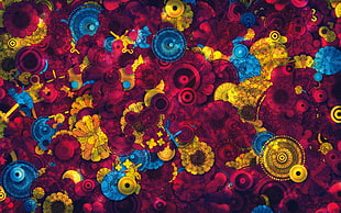 maroon, yellow, and blue abstract painting