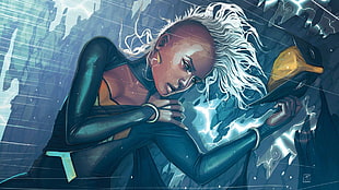 X-Men Storm holding Wolverine mask digital wallpaper, fantasy art, Storm (character), X-Men, superheroines