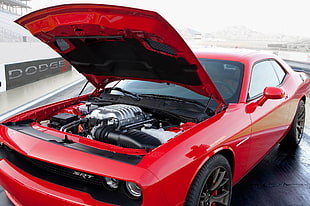 red coupe, Dodge Challenger SRT, Dodge, engine, red cars HD wallpaper