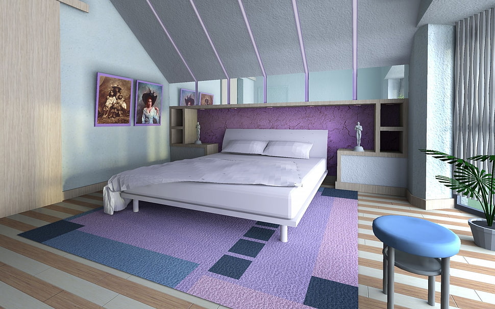 white mattress with bed frame and illustrations in white painted wall HD wallpaper