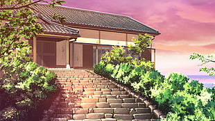 brown house with stairs near ocean painting, house, isolated, anime