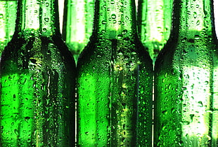 close up shot of green glass bottles HD wallpaper
