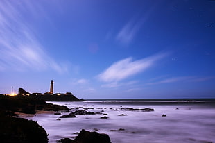 lighthouse in front body of water and corals, pigeon point