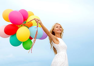 colorful, balloon, women, white dress