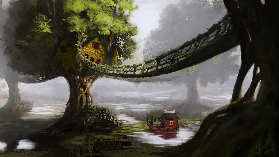 hanging bridge over red vehicle and green field painting, fantasy art, artwork, digital art, nature HD wallpaper