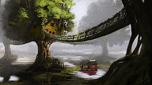 hanging bridge over red vehicle and green field painting, fantasy art, artwork, digital art, nature
