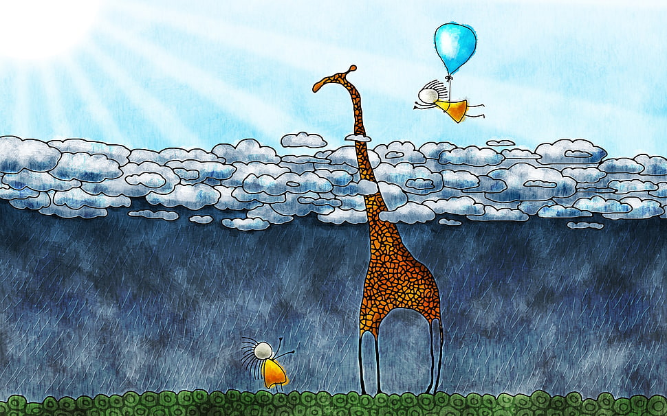 giraffe two boy and clouds painting, artwork, anime, clouds, balloon HD wallpaper