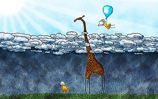 giraffe two boy and clouds painting, artwork, anime, clouds, balloon