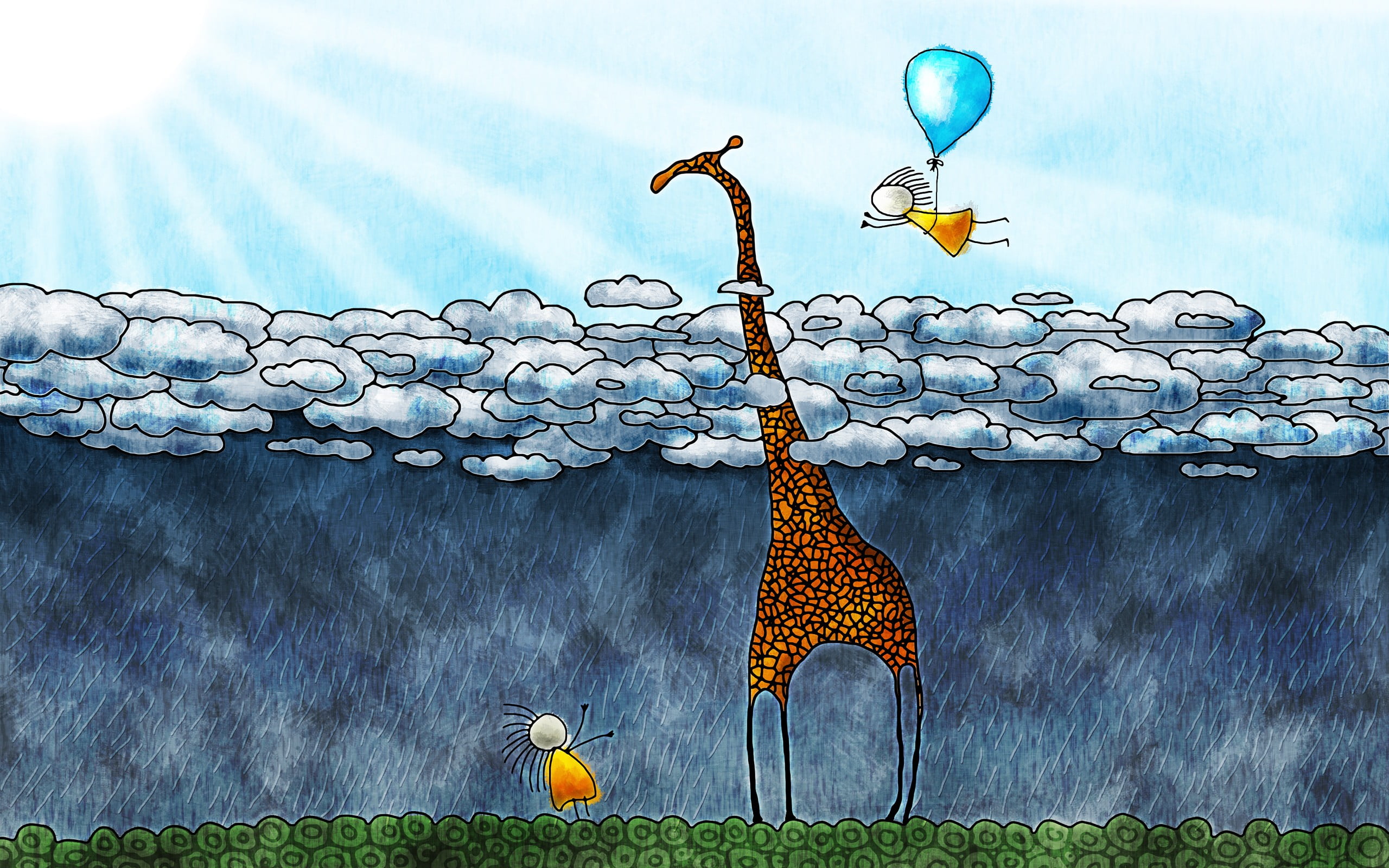 giraffe two boy and clouds painting, artwork, anime, clouds, balloon