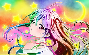 red, green, and yellow hair female anime character digital wallpaper