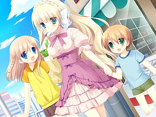 girl anime character holding two boy and girl