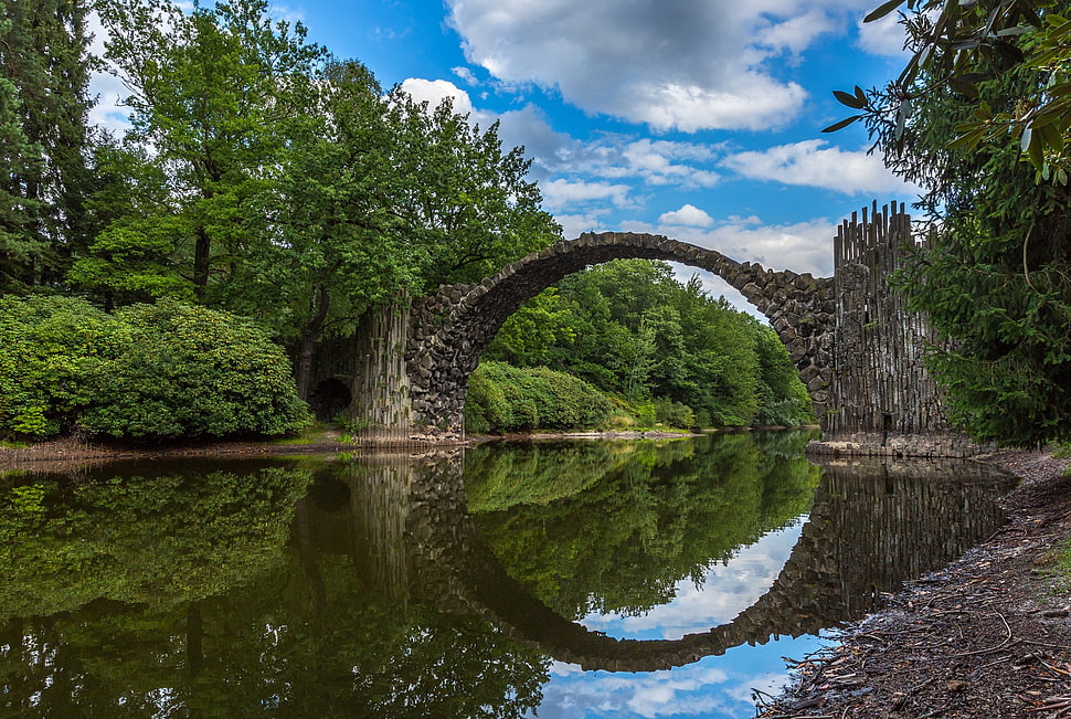 body of water and stone bridge, photography, clouds, bridge, trees HD wallpaper